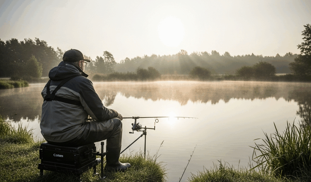 angler sitting on a lake bank with a fishing rod in a holder 20260331 132436