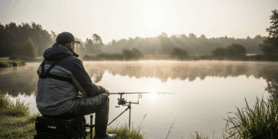 angler sitting on a lake bank with a fishing rod in a holder 20260331 132436