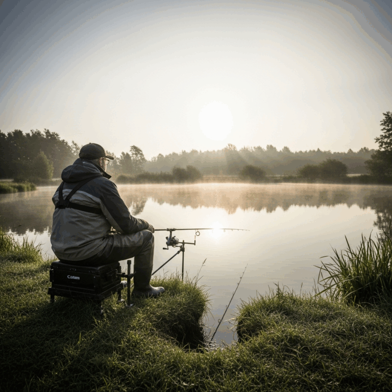 angler sitting on a lake bank with a fishing rod in a holder 20260331 132436
