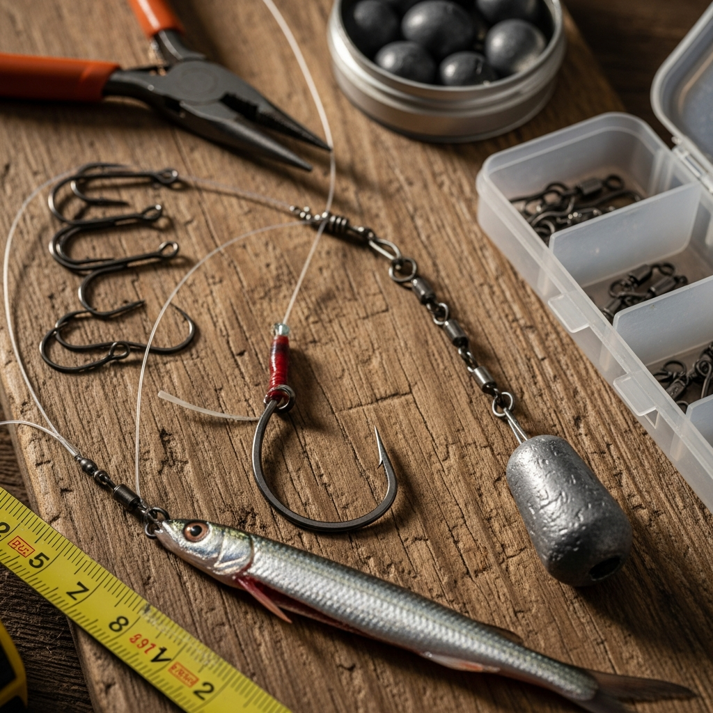 Catfish rig setup with circle hook and cut shad bait ready for night fishing from the bank