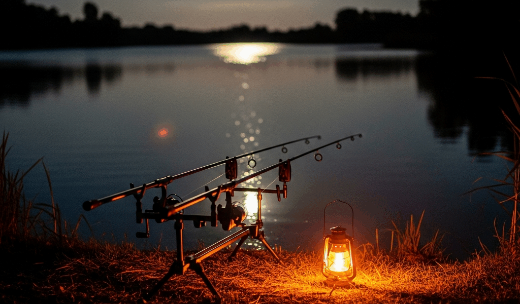 night fishing scene from a lake bank rod holders with fishin 20260331 132133