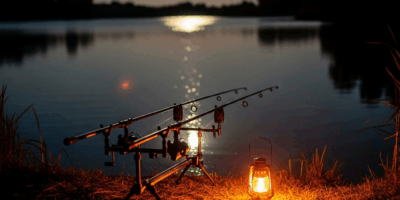 night fishing scene from a lake bank rod holders with fishin 20260331 132133