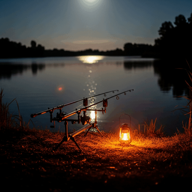 night fishing scene from a lake bank rod holders with fishin 20260331 132133