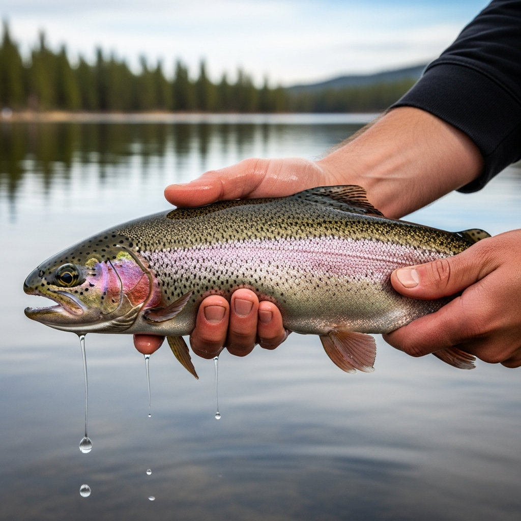Freshly caught rainbow trout held over a stocked lake, caught using PowerBait from the bank