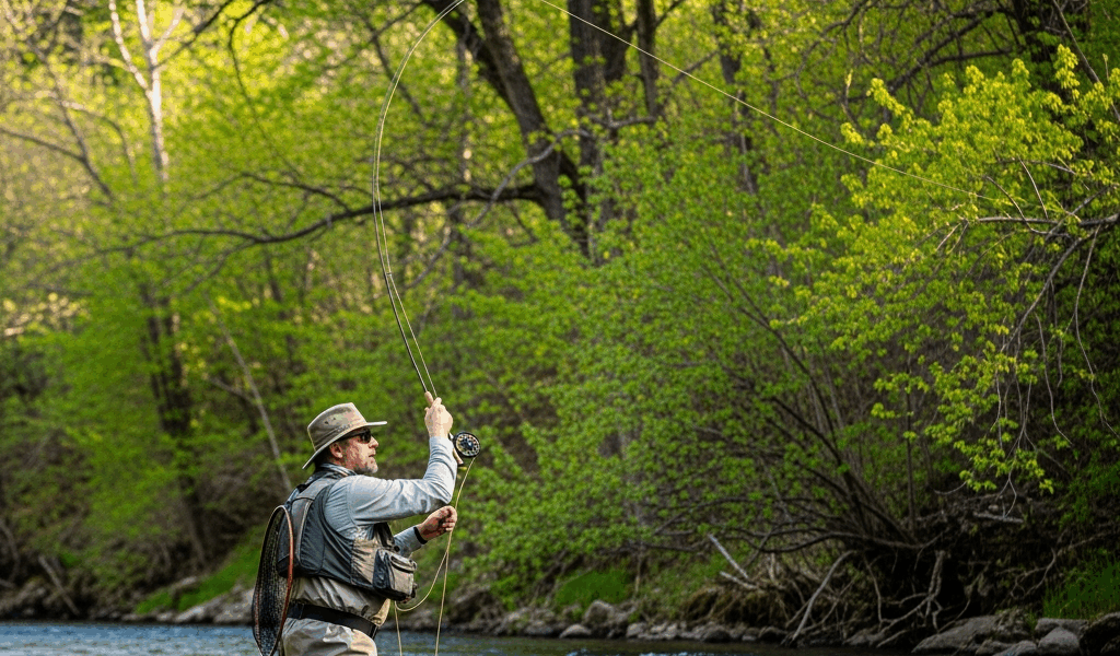 angler fly fishing in spring river with green trees
