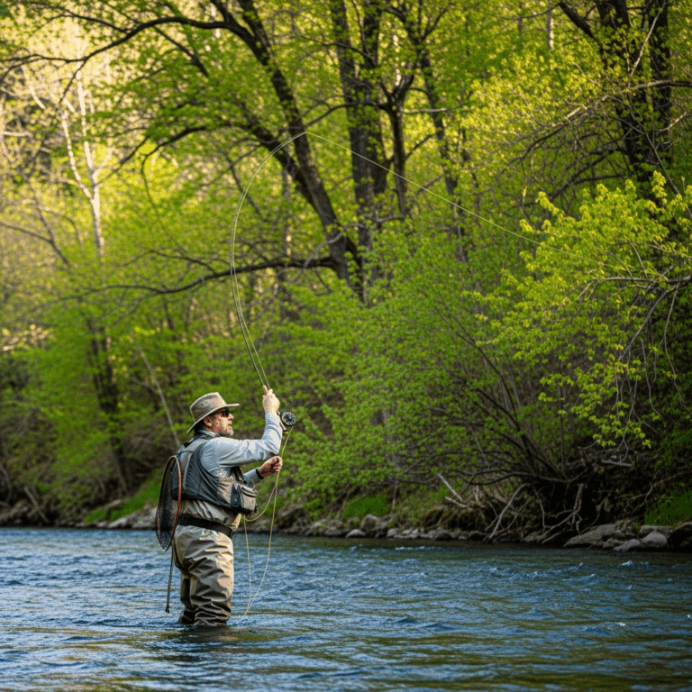 angler fly fishing in spring river with green trees